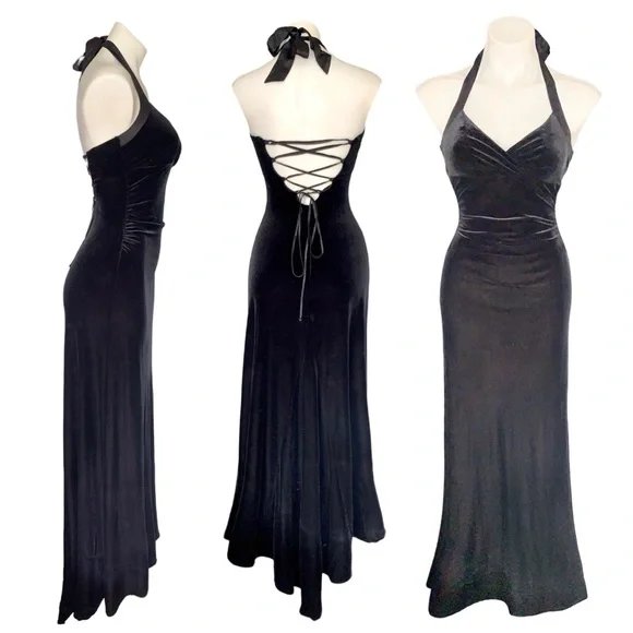 v i n t a g e :: Gorgeous Black Velvet Corset Tie Halter Maxi Dress - Picture 4 of 14